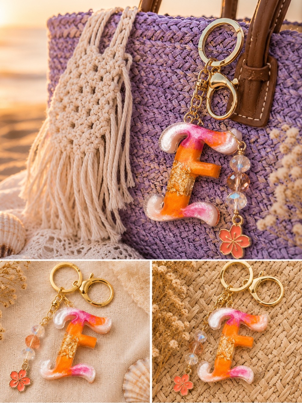 Custom Sherbet Initial Letter “E” Keychain with Gold Accents